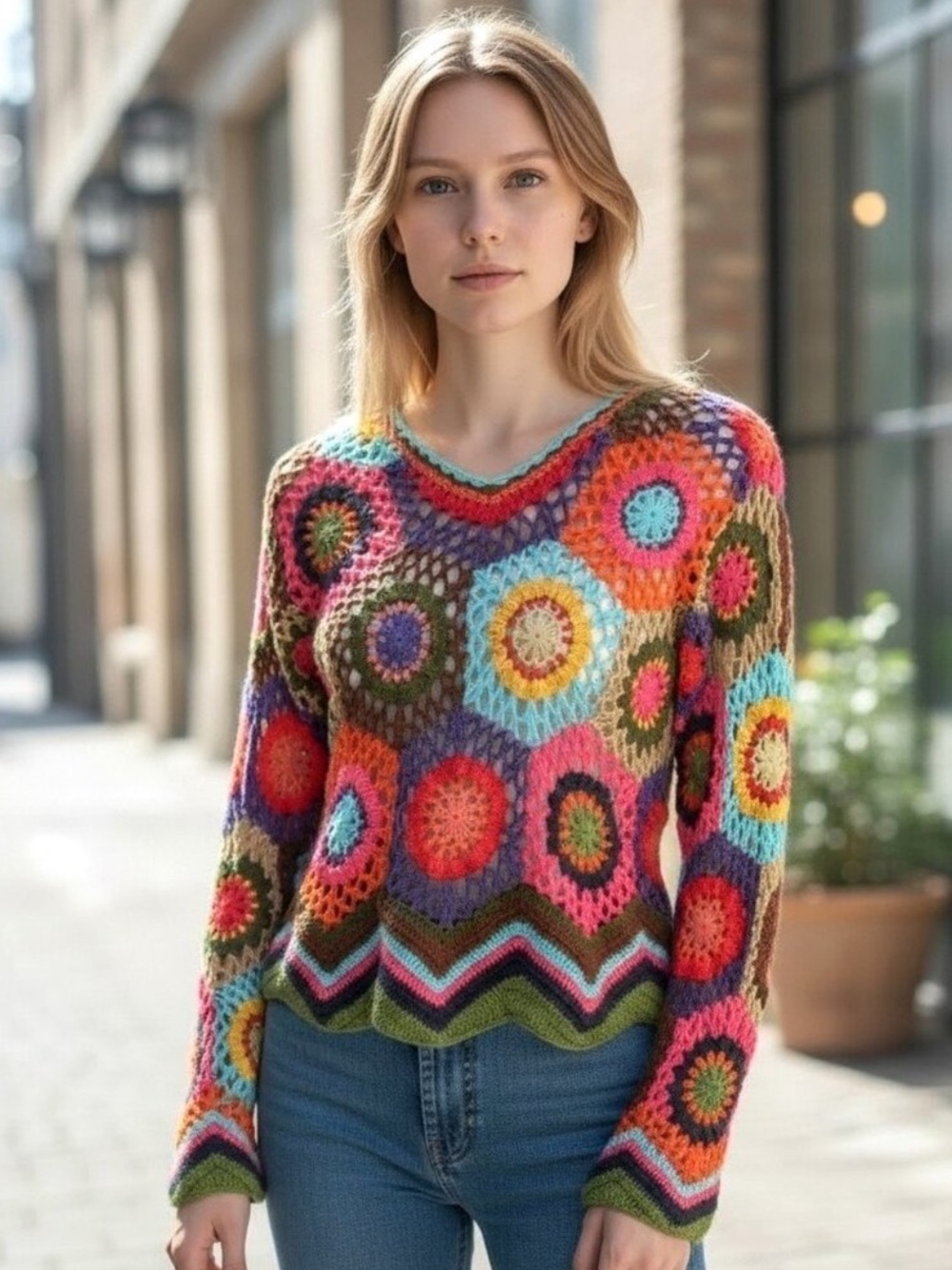 Express TRICOT Mandala Print Crochet V-Neck Sweater Multicolor Vintage Y2K 90s